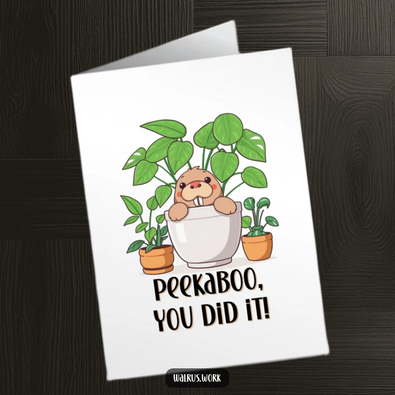 Funny Free Printable Walrus Congratulations Card: Curious walrus peeking from behind an office plant, celebrating success.