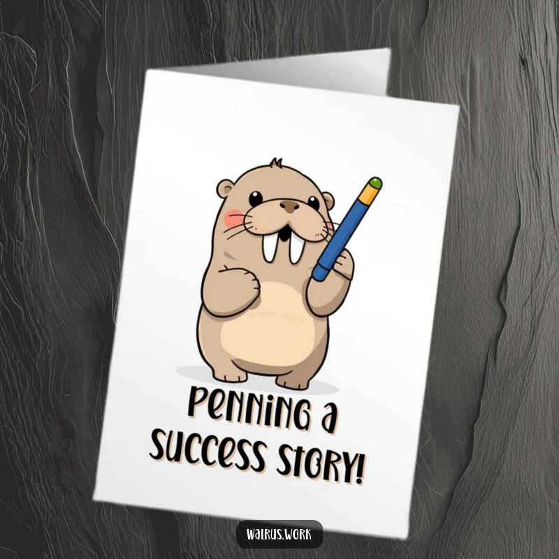 Funny free printable congratulations card: a walrus playfully batting at a dangling pen, a silly celebration of success.