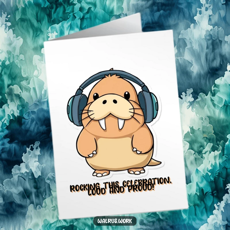 Funny Free Printable Congratulations Card: A walrus with a comical expression tries to use oversized headphones, a humorous take on achieving sound.