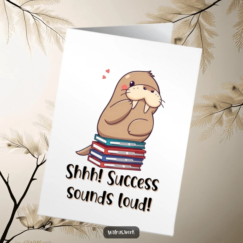 Funny Free Printable Congrats Card: Walrus shushing on a stack of files, a discreet and humorous downloadable congratulation.