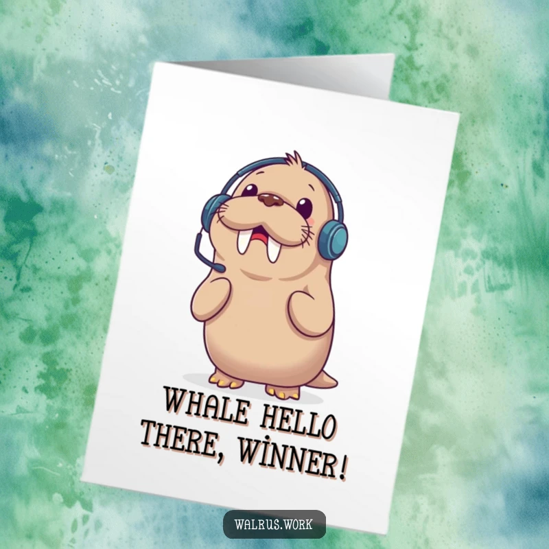 Funny Free Printable Walrus Congratulations Card: A walrus wearing a headset reacts with surprise to a phone call. Great for downloadable DIY congrats.