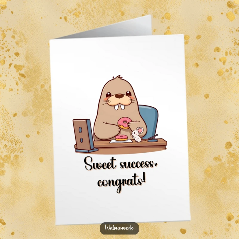 Free Printable Congratulations Card: A happy walrus and a tiny mouse share a donut at a desk, celebrating good news.