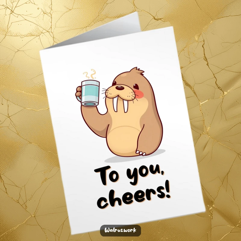 Funny Free Printable Congratulations Card: A kawaii walrus raises a coffee mug in an enthusiastic toast to celebrate a big win.