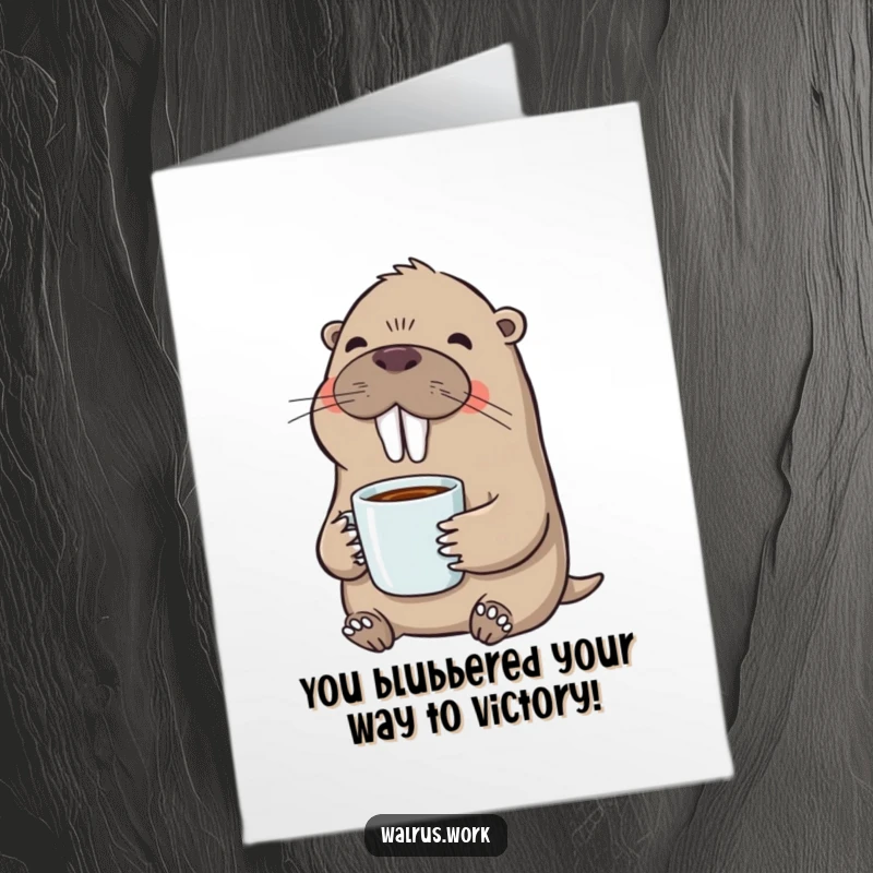 Funny Free Printable Walrus Congratulations Card: A cheerful walrus sips coffee, celebrating success. Ideal for a downloadable DIY message.