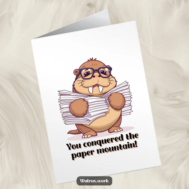 Funny Free Printable Congratulations Card: A walrus buried in papers gestures comically, celebrating surviving the big task.