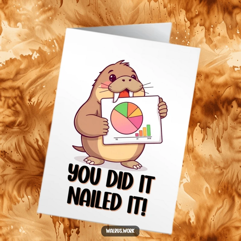 Funny Free Printable Congrats Card: Walrus smirks while presenting a pie chart, celebrating big wins.
