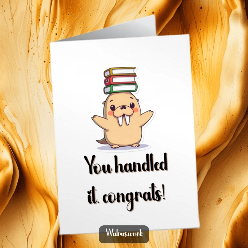 Funny Free Printable Congratulations Card: A kawaii walrus struggles to balance a huge stack of files on its head after a big win.