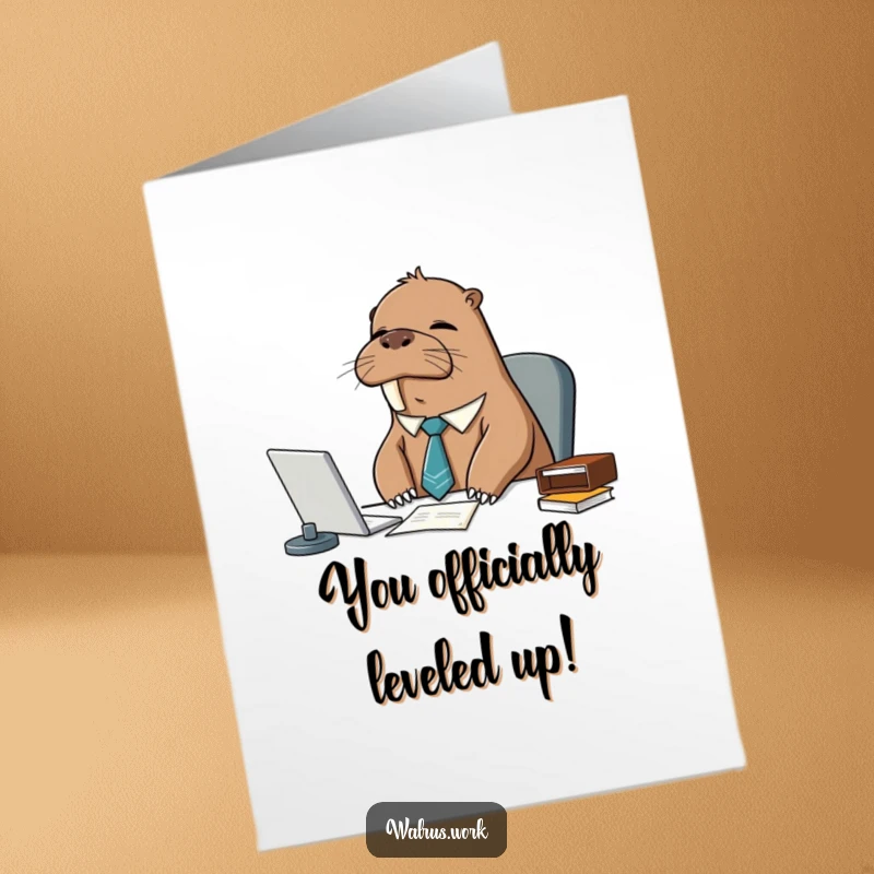 Funny Free Printable congratulations card with a sleepy walrus in a tie looking exhausted at his work desk.