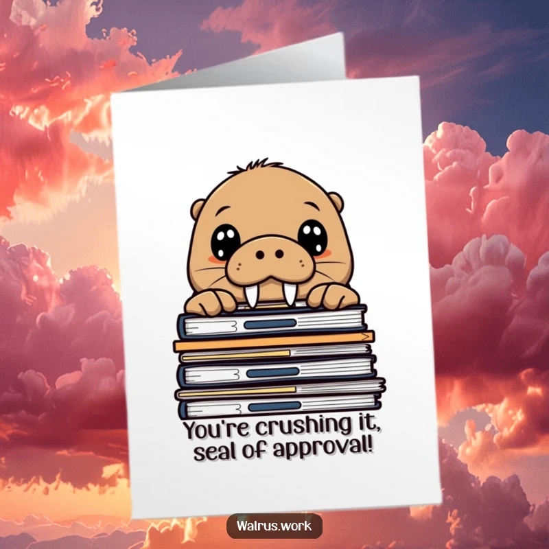 Funny Free Printable Congratulation Card: Wide-eyed curious walrus peeking over office files, celebrating an achievement.