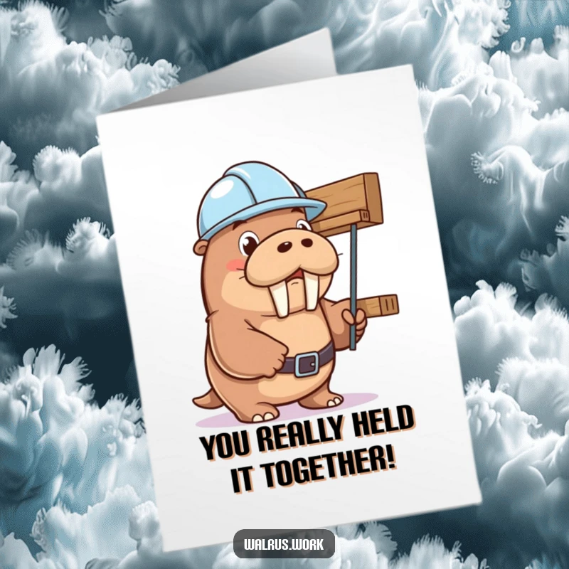 Funny Free Printable Congrats Card: Determined walrus in hard hat holding a wobbly shelf.