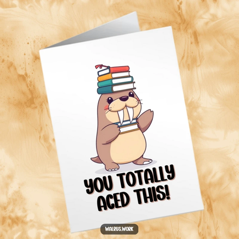 Funny Free Printable Congratulations Card: Playful walrus precariously balancing office supplies on its flippers.