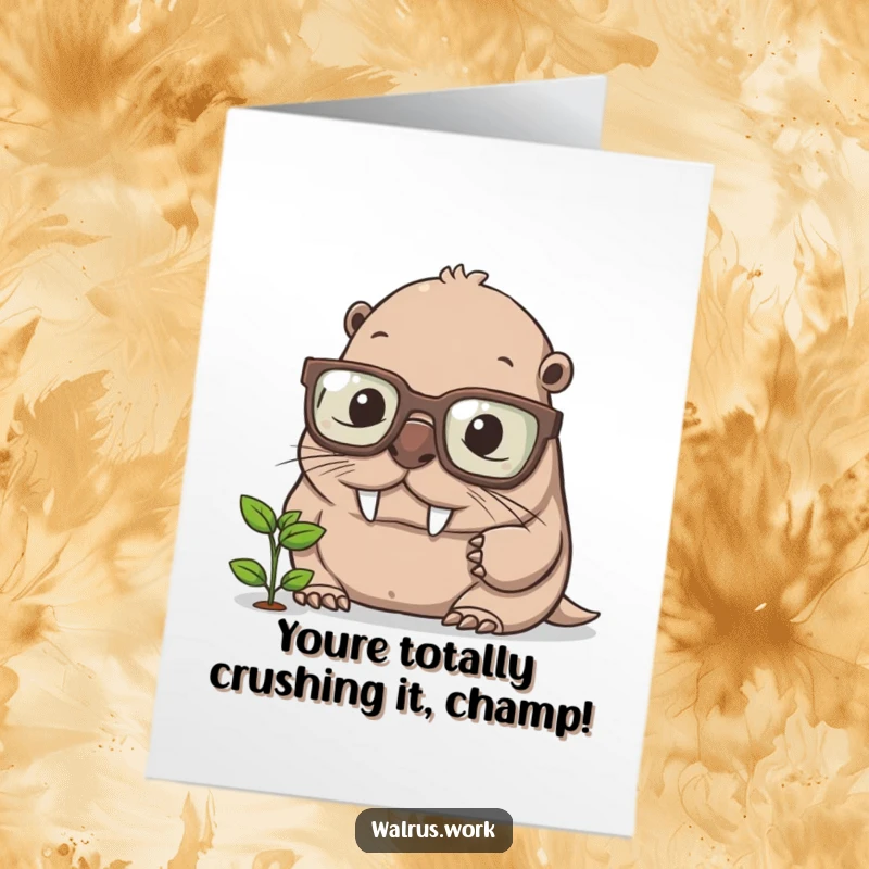 Funny Free Printable Congrats Card: Walrus with glasses studies a sprout, a smart and quirky downloadable congratulations.