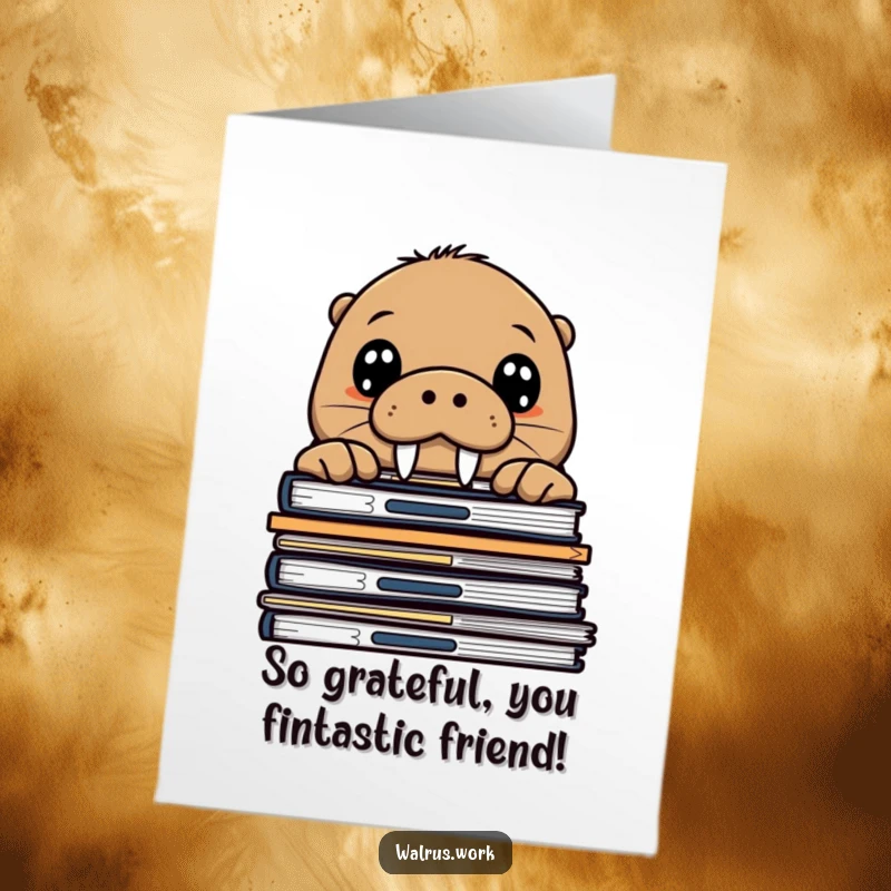 Funny Free Printable Thank You Card: Inquisitive walrus peeking over office files, conveying a humorous thank you.
