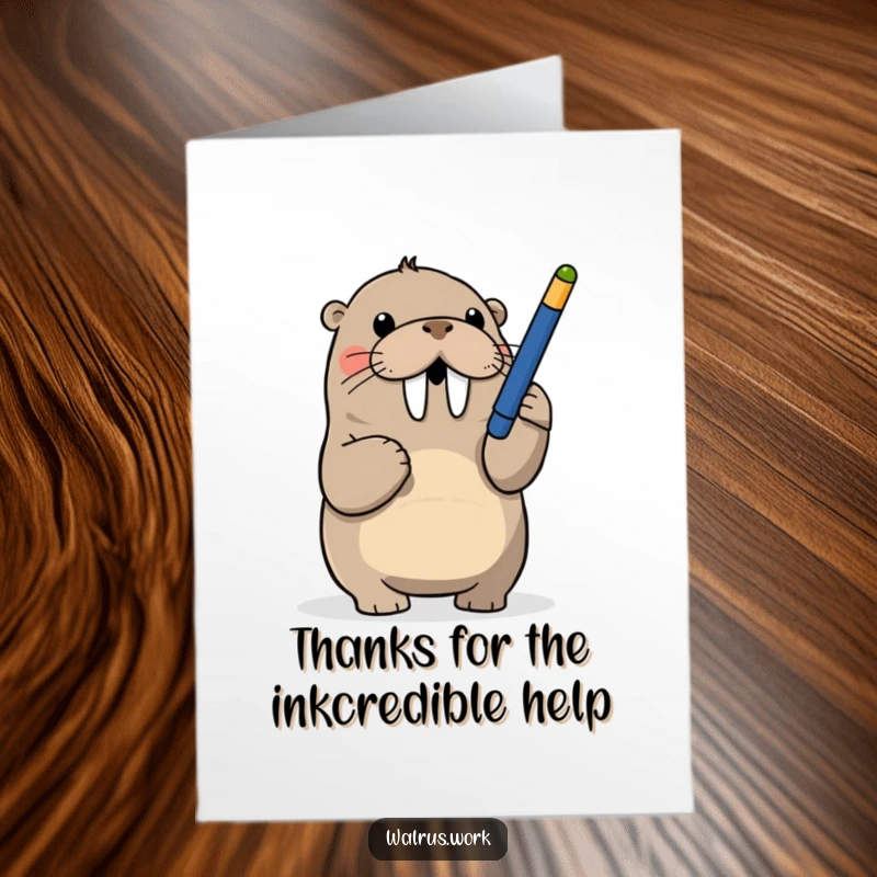 Funny free printable thank you card: a walrus playfully batting at a dangling pen, showing appreciation with a game.