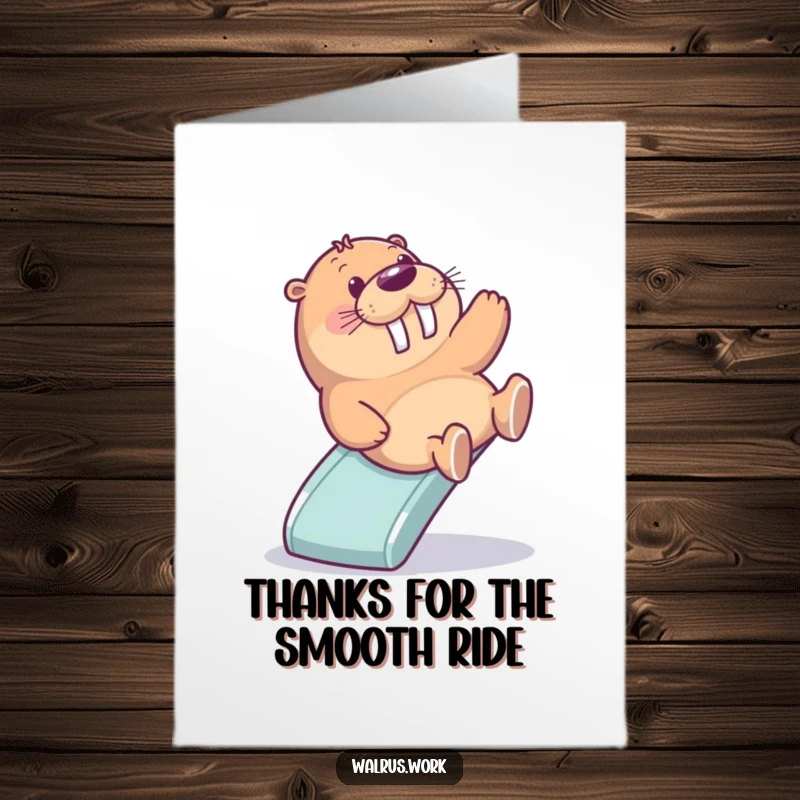 Funny Free Printable Thank You Card: A happy walrus slides down an office slide, showing thanks with great enthusiasm.