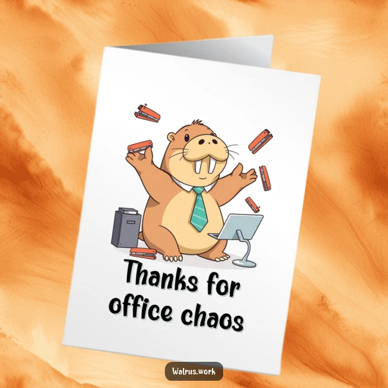 Funny Free Printable Thank You Card: Walrus in Tiny Tie Playfully Juggling Staplers at a Desk, Office Gratitude