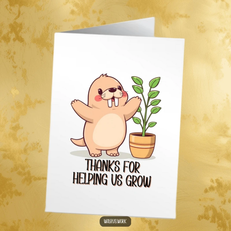Funny Free Printable Thank You Card: A kawaii walrus does a happy little dance next to a potted plant, showing thanks.