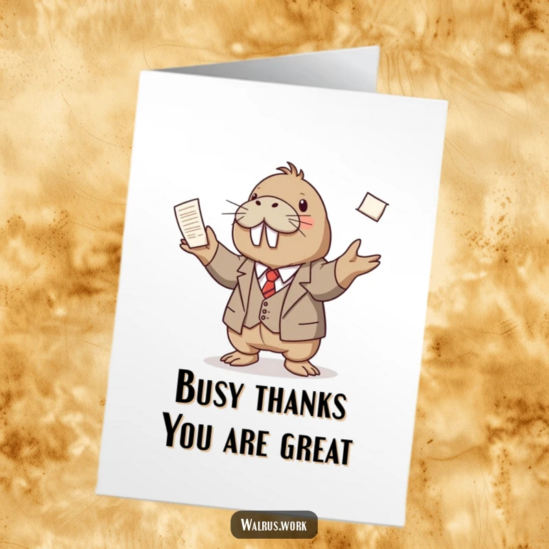 Funny Free Printable Thank You Card: A walrus wearing a tiny suit skillfully juggles papers, expressing thanks.