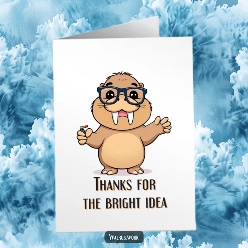 Funny Free Printable Thank You Card: Cute Walrus with Glasses Points at Whiteboard with Triumphant Grin