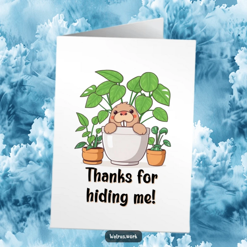 Funny Free Printable Walrus Thank You Card: Curious walrus peeking from behind a lush office plant, sending thanks.