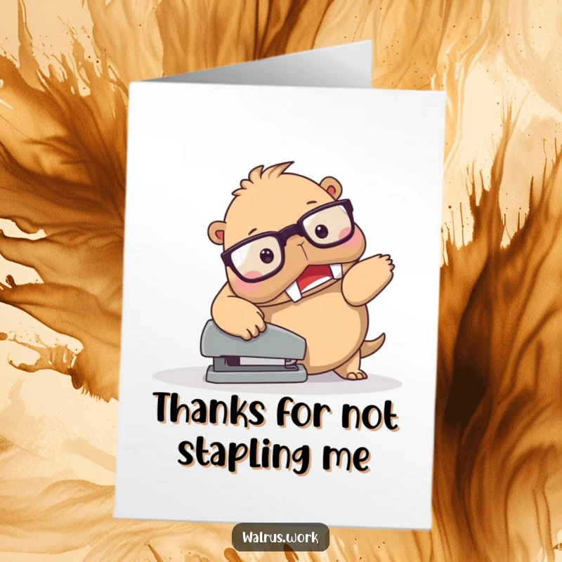 Funny Free Printable walrus wearing spectacles tripping over a stapler, expressing thanks awkwardly.