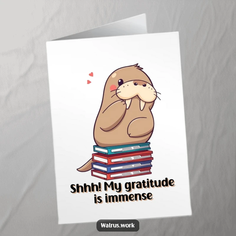 Funny Free Printable Thank You Card: Walrus shushing on stacked files, a quiet and humorous downloadable thank you.