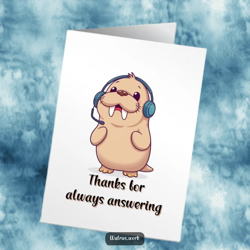Funny Free Printable Walrus Thank You Card: A walrus in a headset is startled by a phone call, showing thanks. Downloadable DIY.