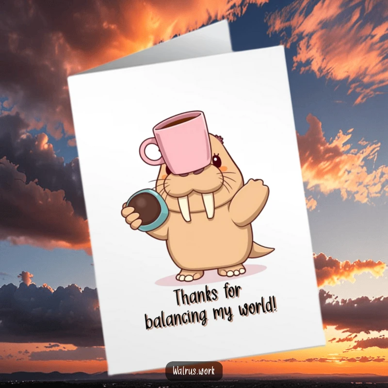 Funny Free Printable Thank You Card: A walrus humorously balances a coffee mug on its nose, a unique way to say thank you.