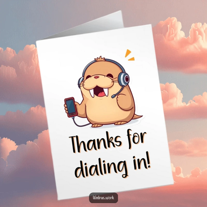 Funny Free Printable Walrus Thank You Card: Cheerful walrus in headset talks on phone, expressing thanks.