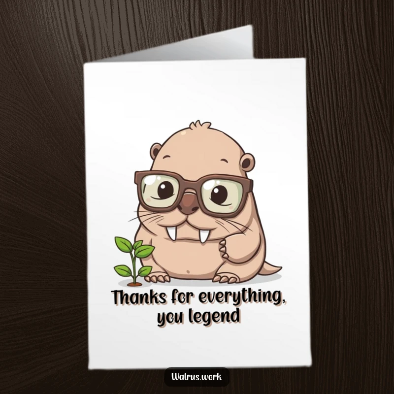 Funny Free Printable Thank You Card: Walrus with glasses gazes at a sprout, a thoughtful and geeky downloadable thank you.