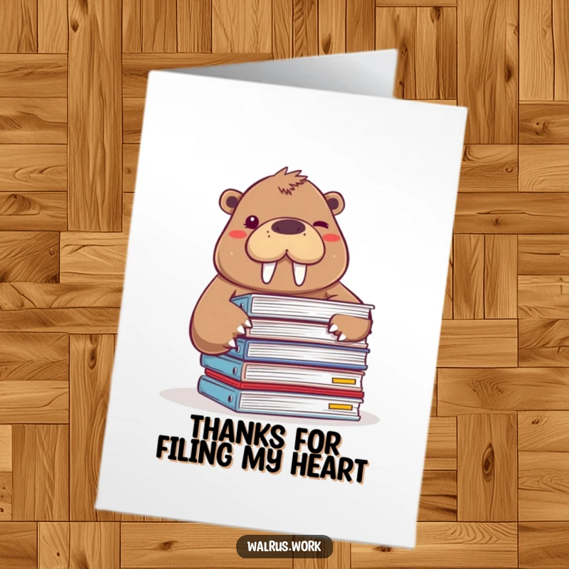 Funny Free Printable Thank You Card: A winking walrus slyly peeks from behind a mountain of paperwork, showing gratitude with humor.