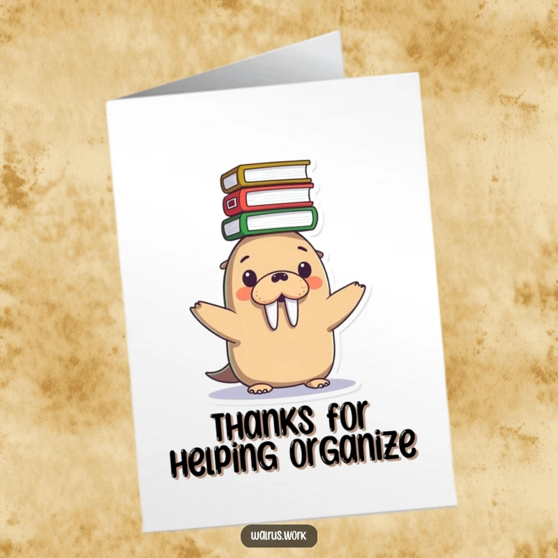 Funny Free Printable Thank You Card: A kawaii walrus precariously balances a giant stack of files, thanking someone for help.