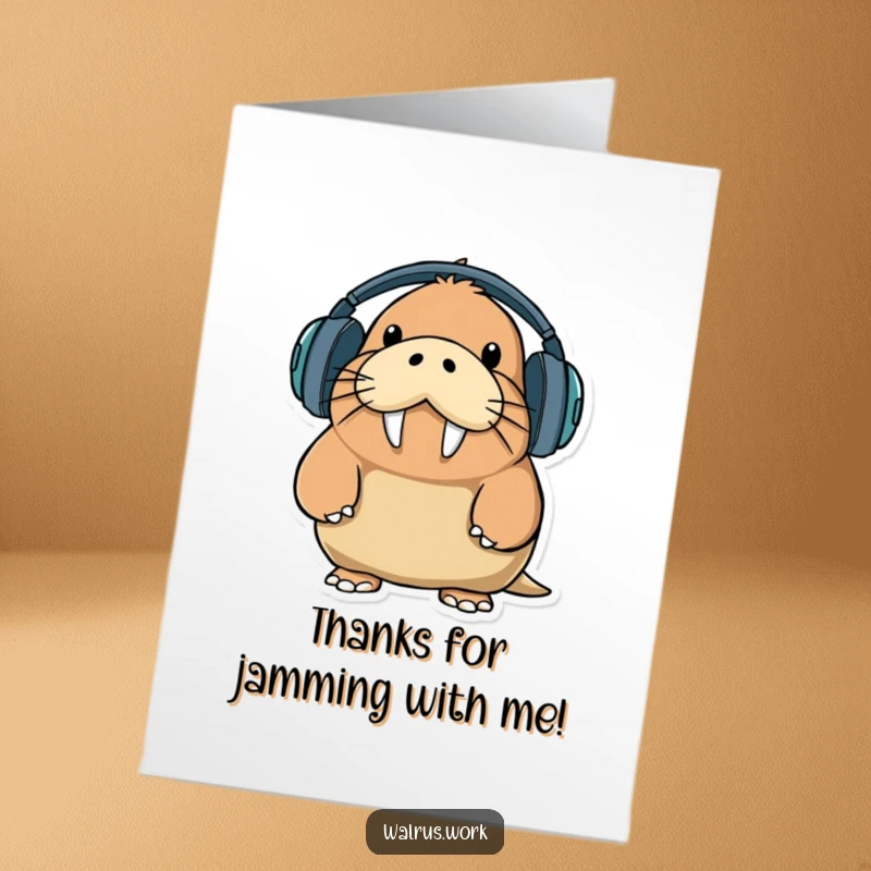 Funny Free Printable Thank You Card: A walrus with a funny expression tries to wear oversized headphones, a unique way to say thank you.