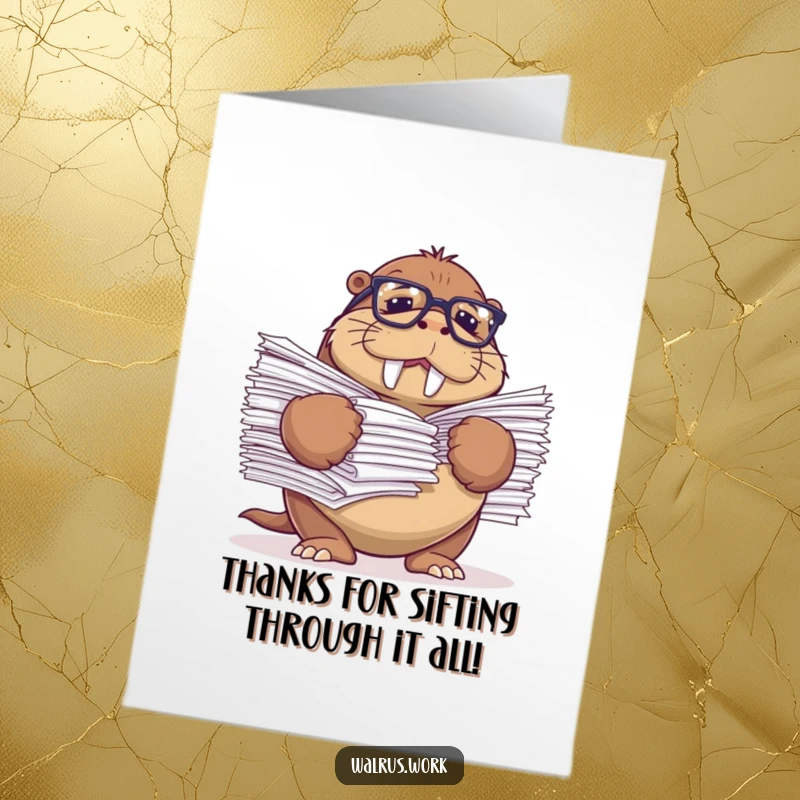 Funny Free Printable Thank You Card: A walrus with glasses comically juggles papers, thanking you for help.