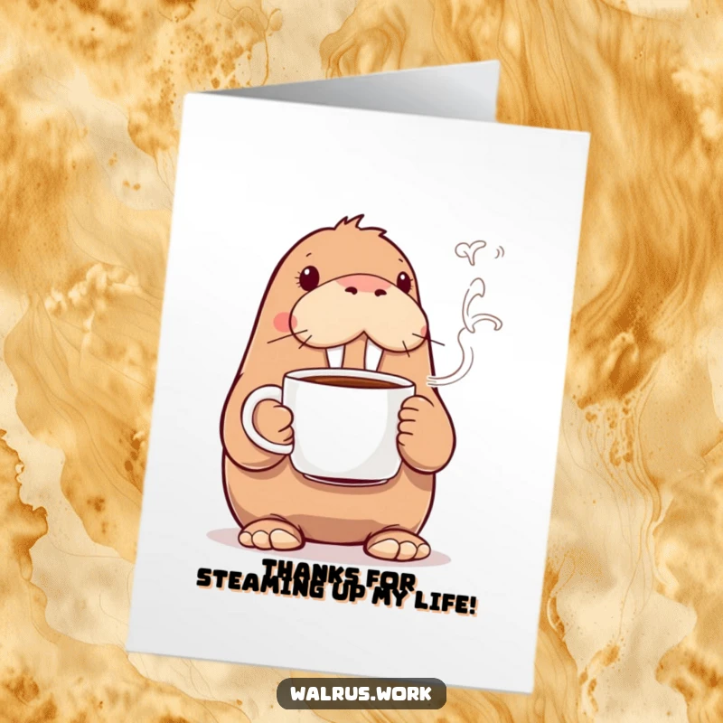 Funny Free Printable Thank You Card: A walrus happily sips from a coffee mug, steam swirling comically, an adorable way to say thanks.