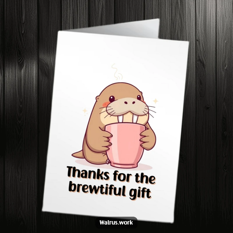 Funny free printable thank you card: a walrus with a surprised expression sniffing a steaming coffee mug, expressing thanks.
