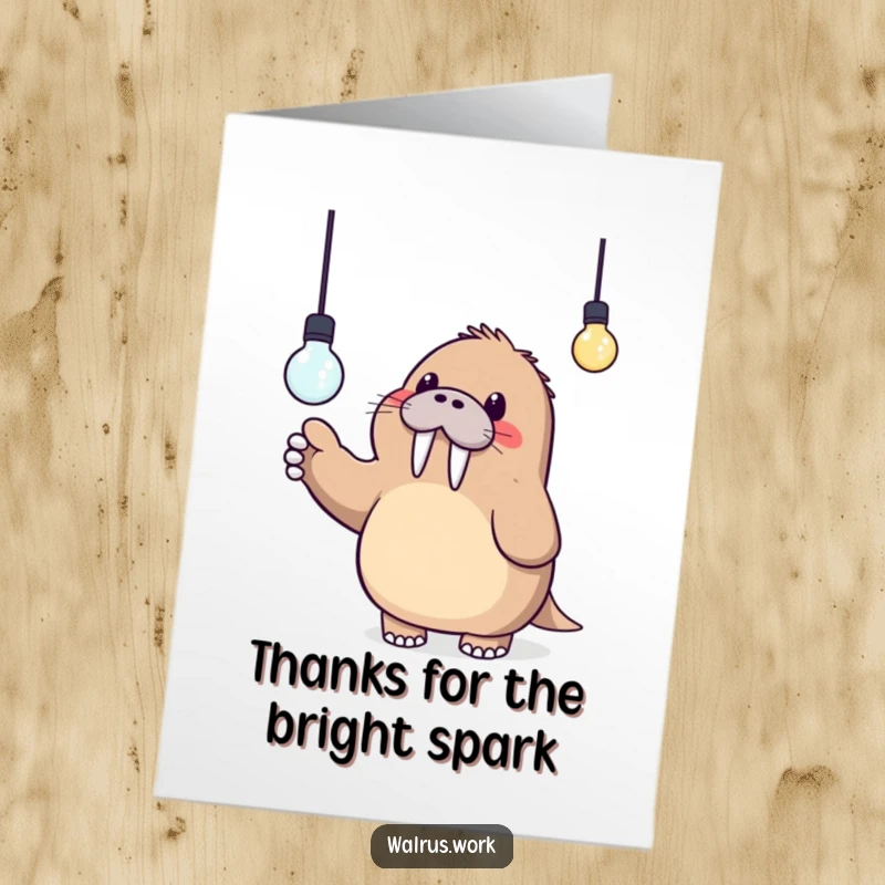Funny Free Printable Thank You Card: A kawaii walrus points at a bright lightbulb, symbolizing a great idea and thanks.