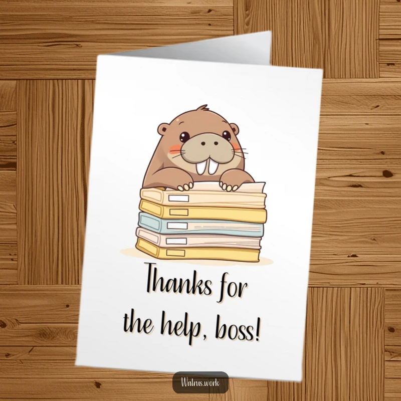 Funny Free Printable Thank You Card: Walrus with wide eyes, curiously peeking over a large pile of folders.