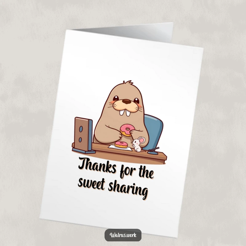 Funny Free Printable Thank You Card: A beaming walrus shares a donut with a tiny mouse at a desk, symbolizing friendship and thanks.