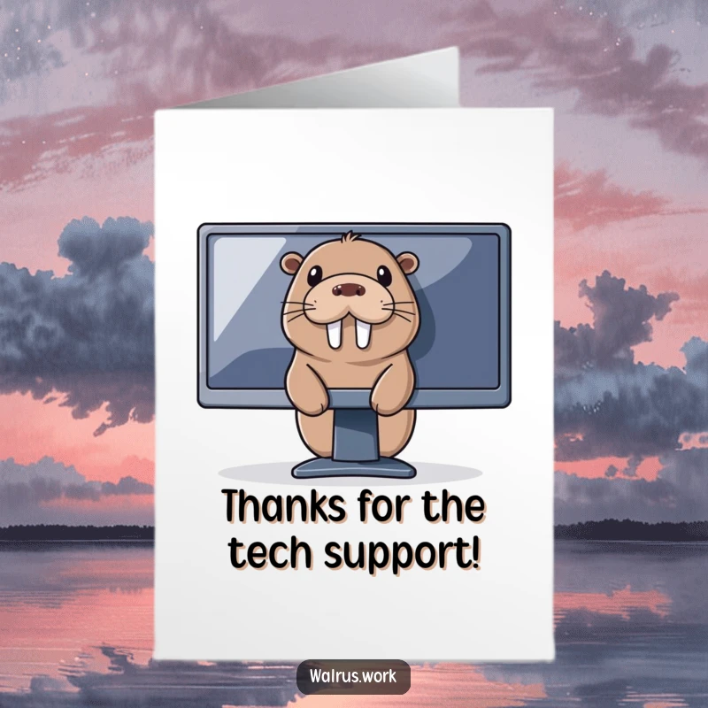 Funny free printable thank you card: a happy walrus peeks from behind a computer monitor, conveying sincere thanks.
