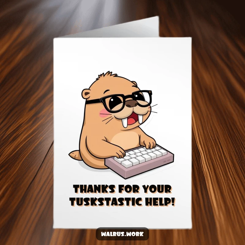 Funny Free Printable Thank You Card: Walrus wearing glasses types on a miniature keyboard with flippers.