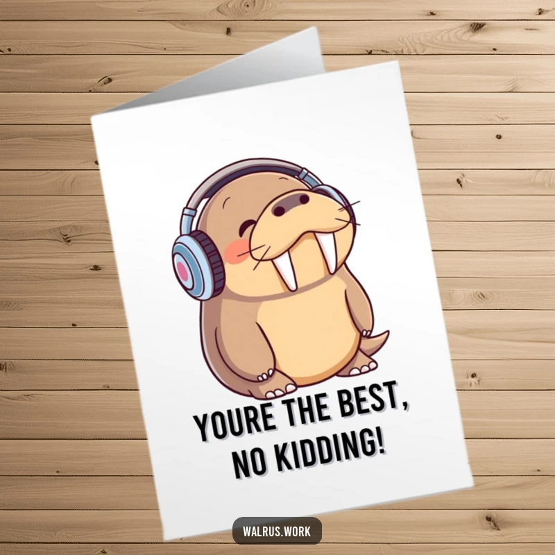 Funny Free Printable Thank You Card: Cool walrus with headphones, bopping head, expressing gratitude with style.