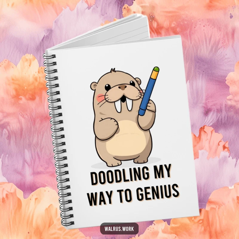 Funny notebook with a walrus playfully batting at a dangling pen, perfect for jotting notes with a humorous touch.
