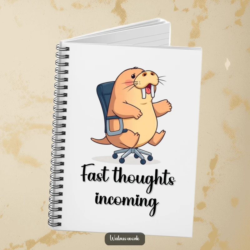 Funny energetic walrus notebook showing a sea mammal attempting to ride a rolling office chair, perfect for notes, a funny gift.