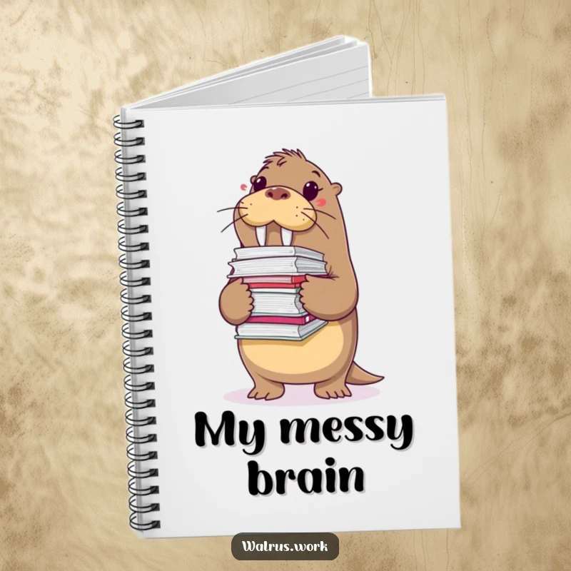 Funny notebook cover with a walrus struggling under a pile of files, ideal for organizing thoughts with a humorous touch.