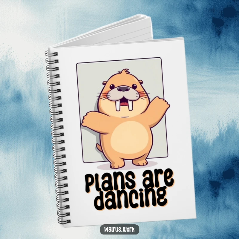 Funny happy dance walrus notebook showing a cheerful walrus dancing behind an office cubicle, perfect for notes, a funny gift.