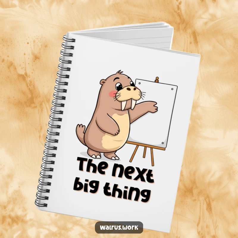 Funny notebook cover with a walrus pointing at a whiteboard, ideal for capturing ideas with a touch of presentation enthusiasm.