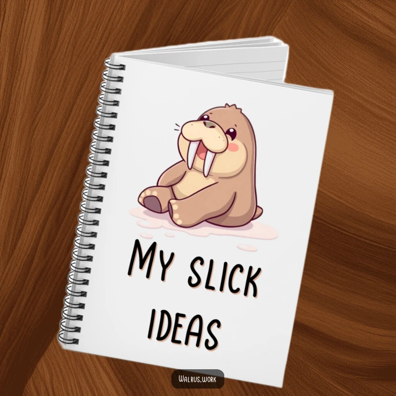 Funny notebook featuring a walrus happily sliding on a polished floor, great for note-taking.