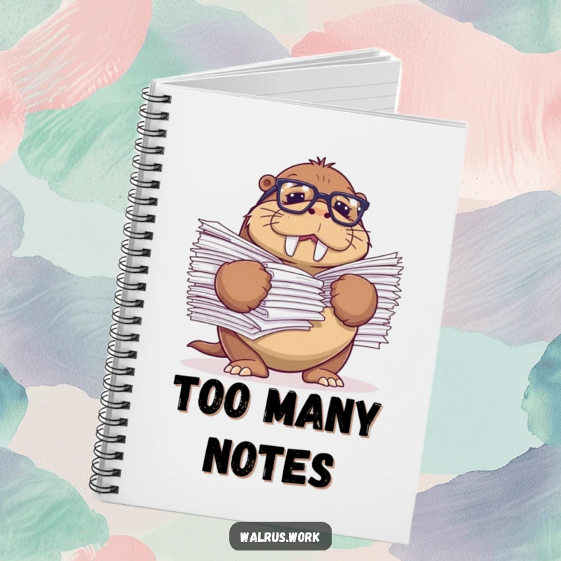 Funny notebook featuring a walrus with reading glasses comically struggling with a huge stack of papers.