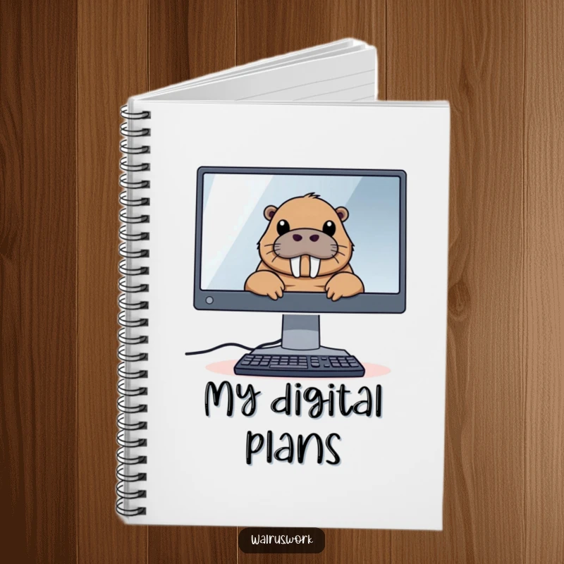 Funny notebook cover with a walrus peeking over a large computer monitor, encouraging tech-related notes and adding digital humor.
